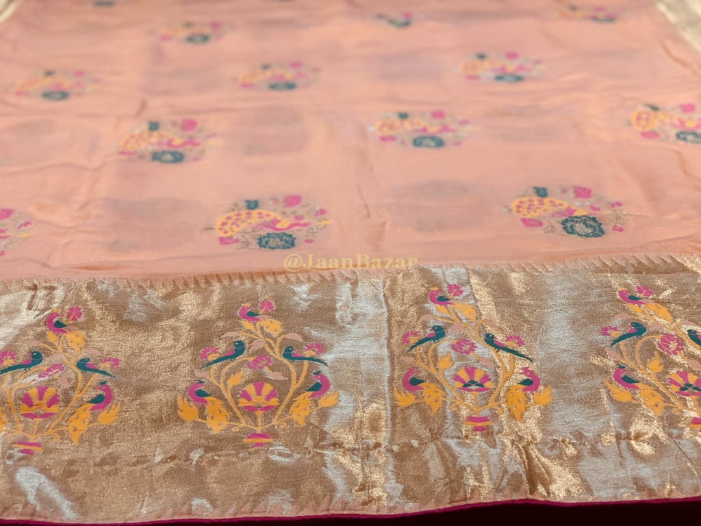 Beautiful Peach Munga Silk Banarasi