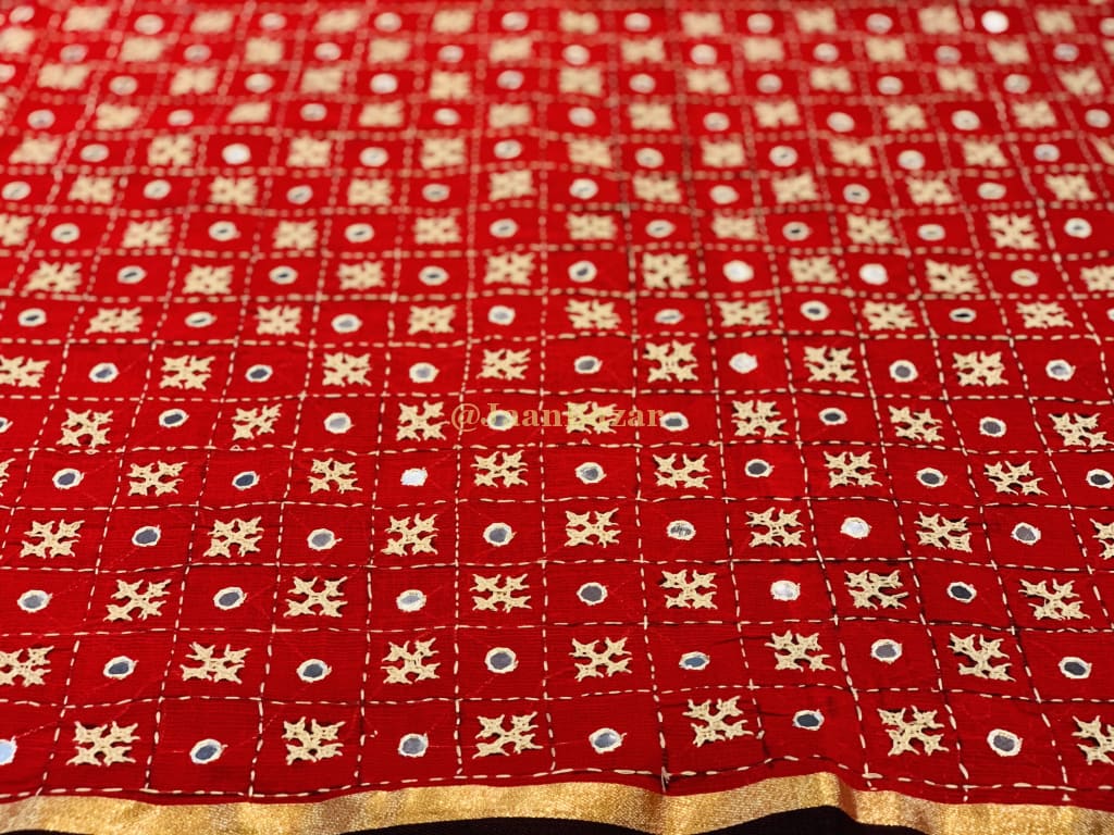Beautiful Red Cotton Saree With Gujarati Stitch