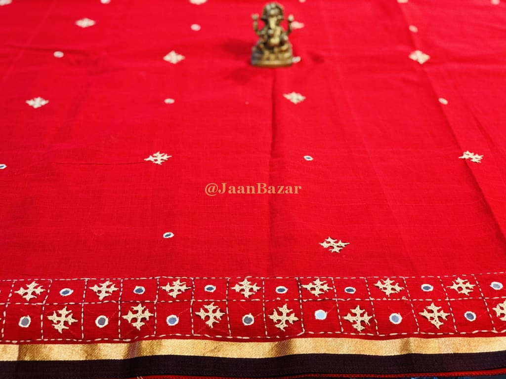 Beautiful Red Cotton Saree With Gujarati Stitch