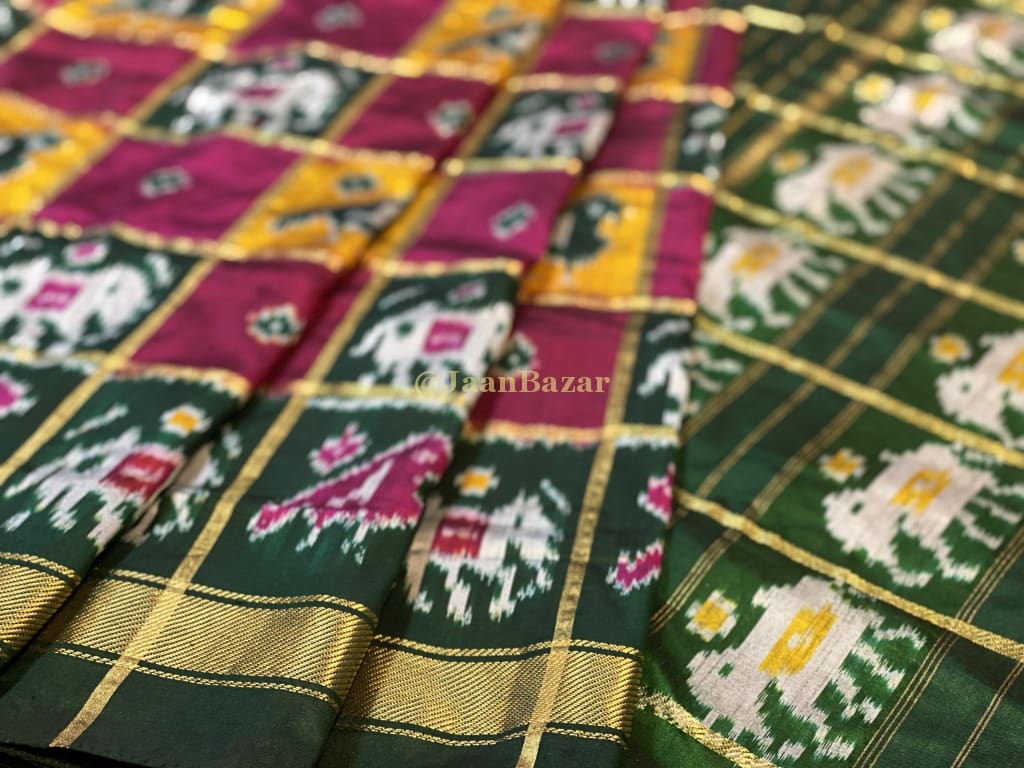 Beautiful Red Green And Yellow Pochampally With Olive Green Bo