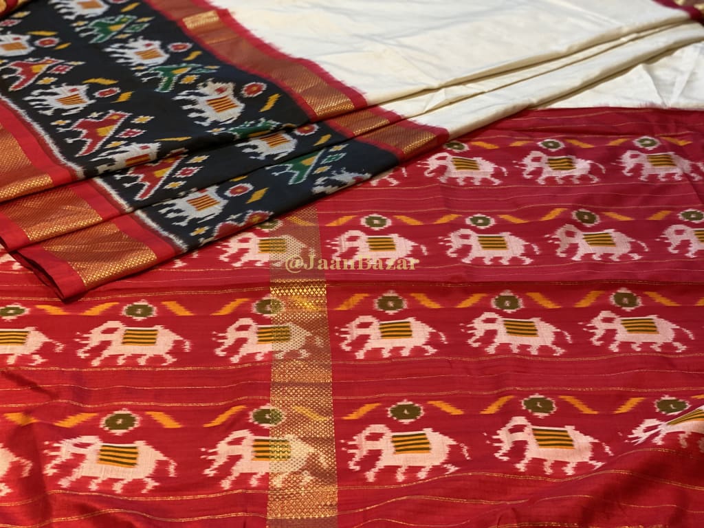 Beautiful Unique Pochampally In Red White Black With Elephant Motifs