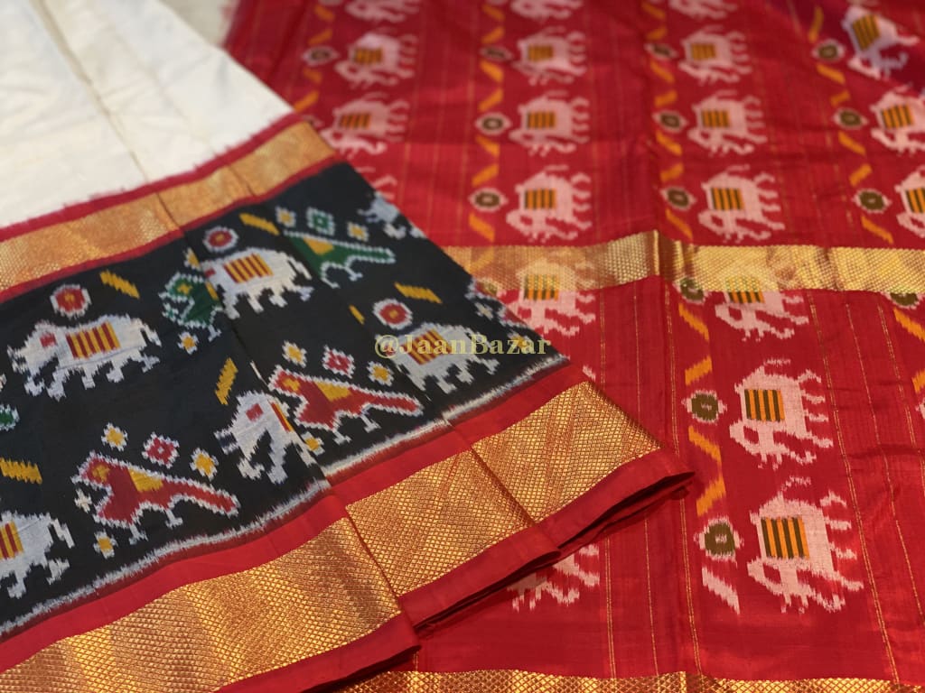 Beautiful Unique Pochampally In Red White Black With Elephant Motifs