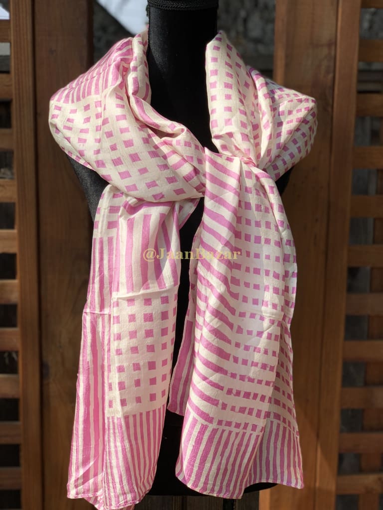 Beautiful White Pink Geometric Pattern Batik Silk Scarf
