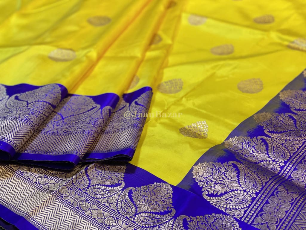 Beautiful Yellow Banarasi With Purple Blue Border
