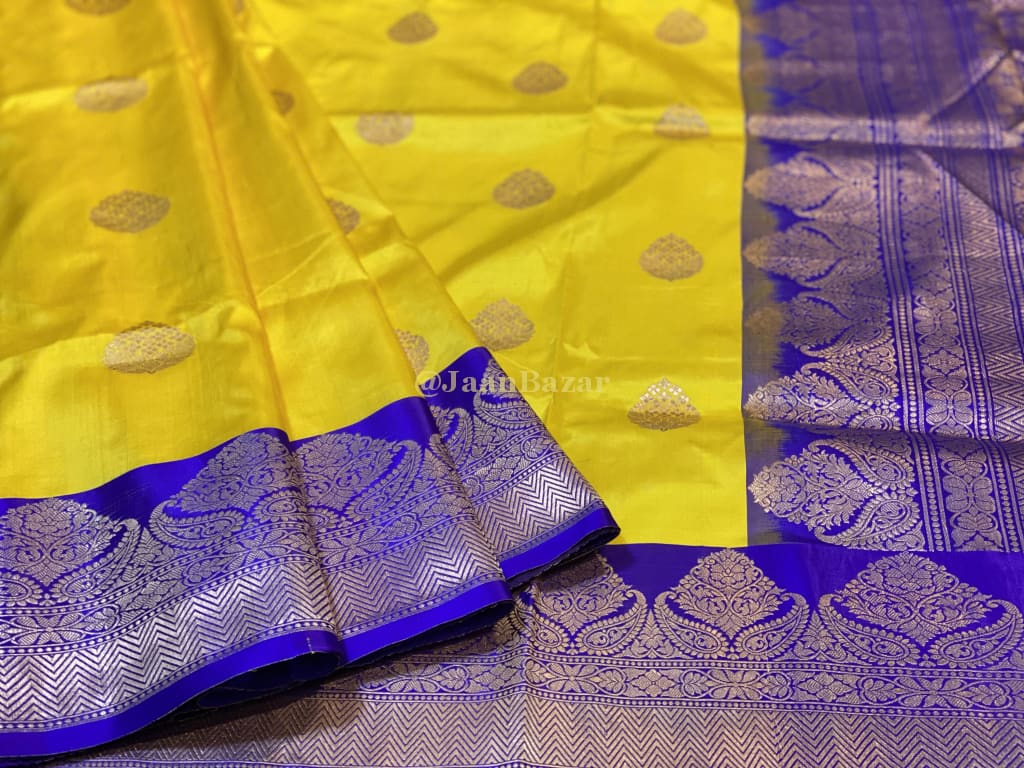 Beautiful Yellow Banarasi With Purple Blue Border