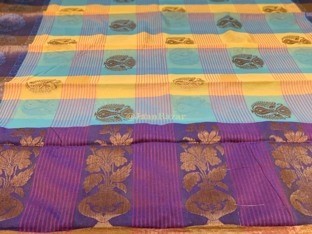 Checkered Linen Silk With Banarasi Border