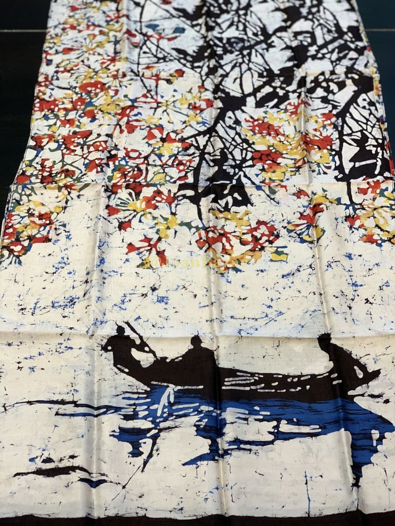 Hand Painted Silk Scarf Scenery With Canoe Floating On A River/silk Scarf/silk Scarves/batik