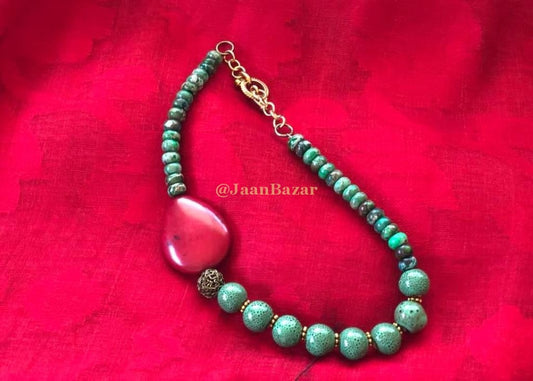 Handmade Bead Necklace With Red Stone Pendant