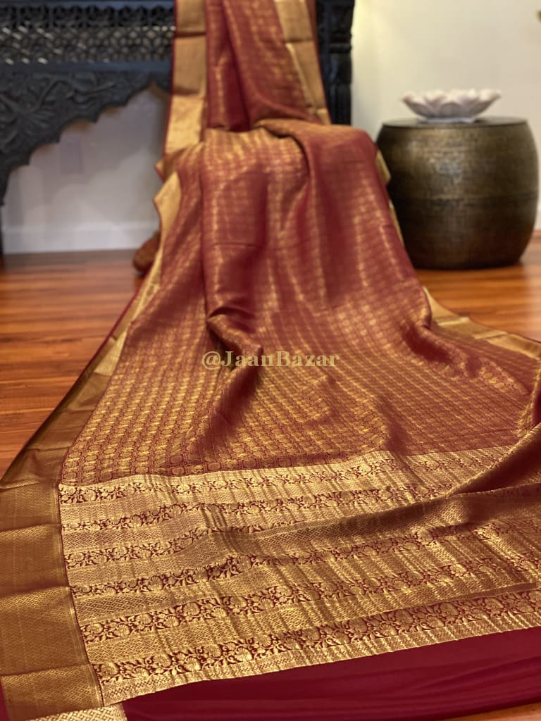 Maroon Mysore Silk With Golden Border