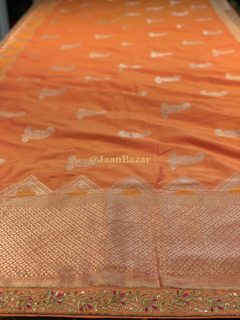 Peach Orange Munga Silk Banarasi