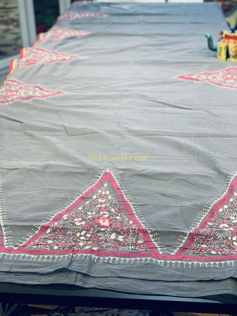 Organic Cotton Saree In Grey With Hand Embroidery