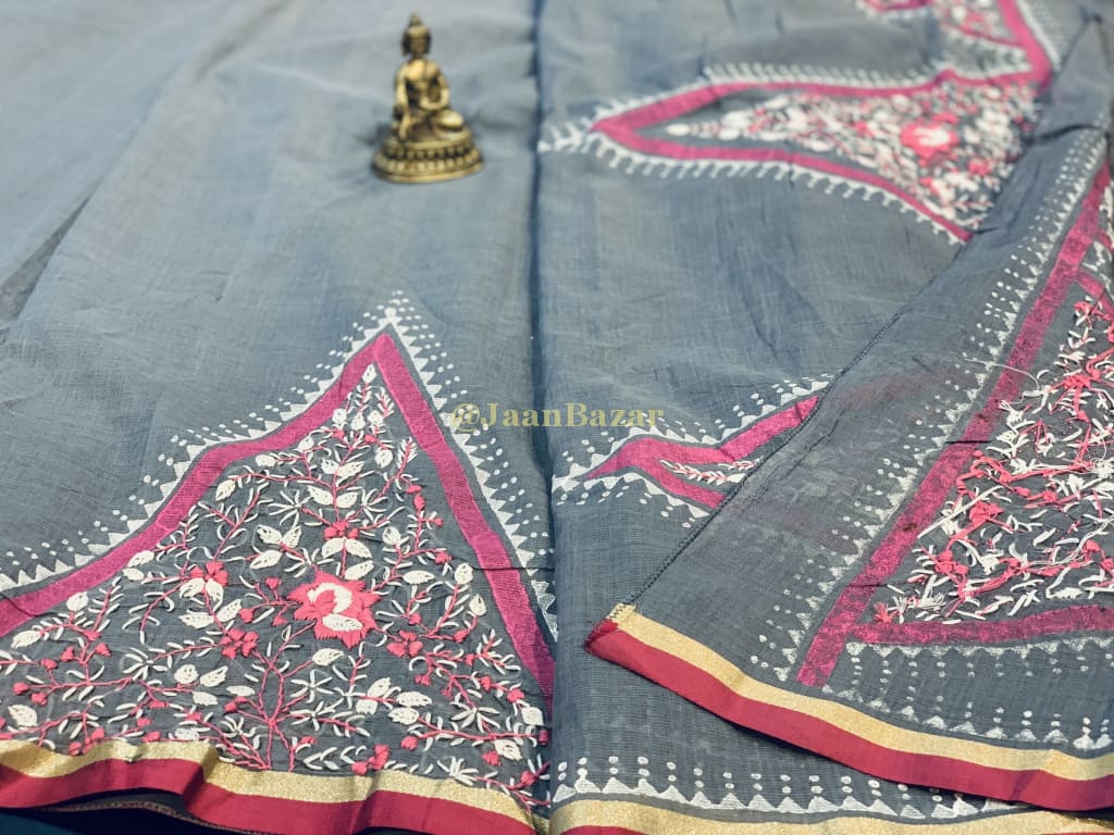 Organic Cotton Saree In Grey With Hand Embroidery