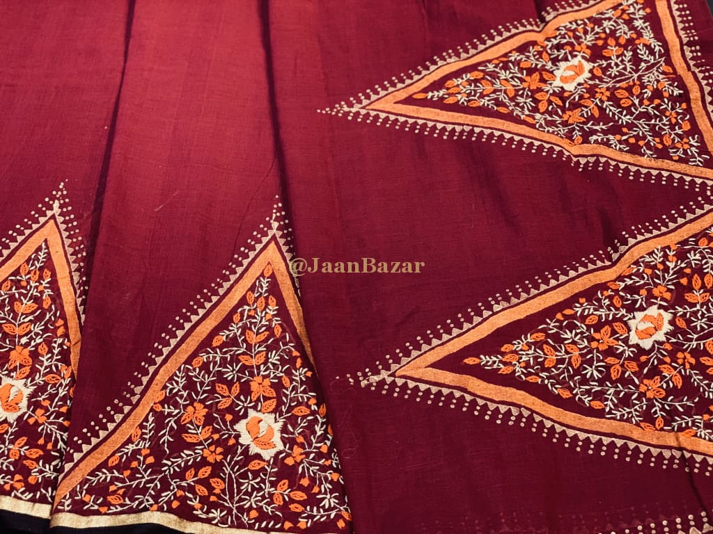 Organic Cotton Saree In Red With Hand Embroidery