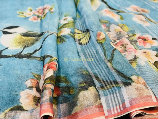 Sky Blue Linen Saree With Digital Print