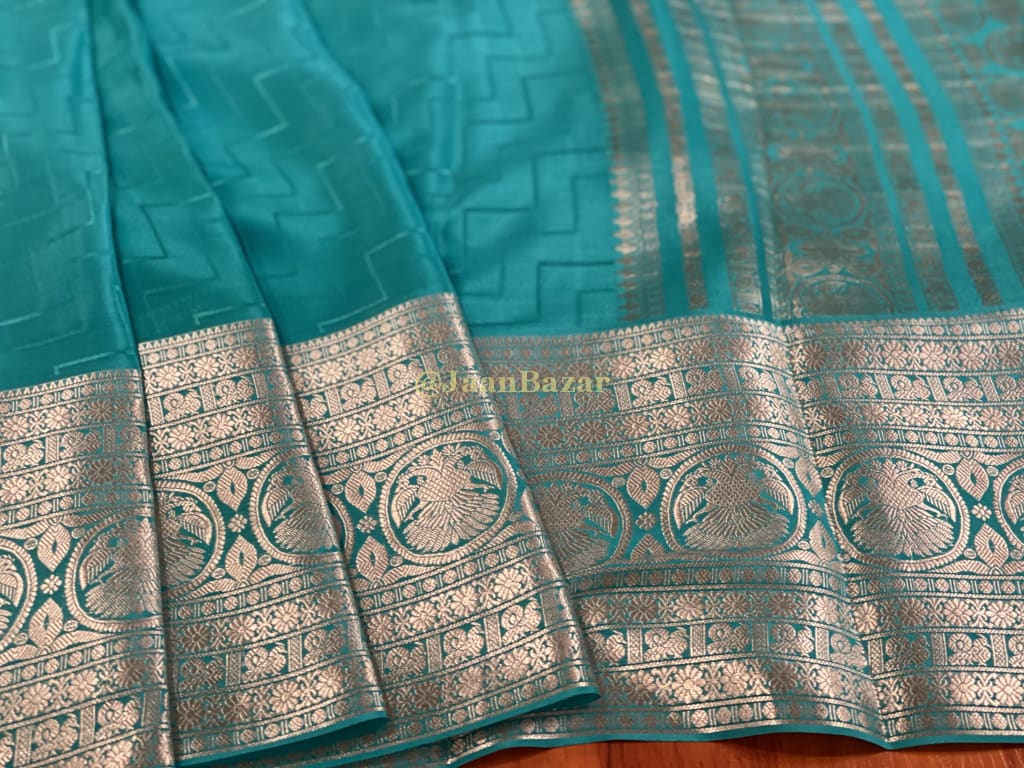 Sky Blue Mysore Silk With Silver Border