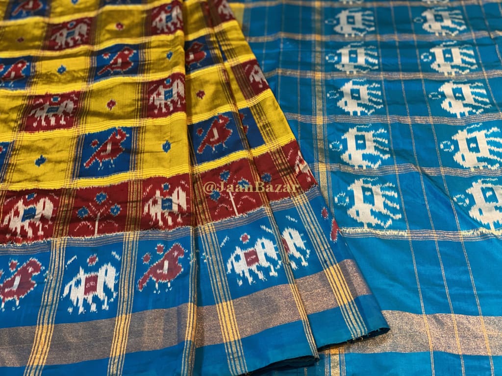 Yellow Red Blue Pochampally Silk Saree