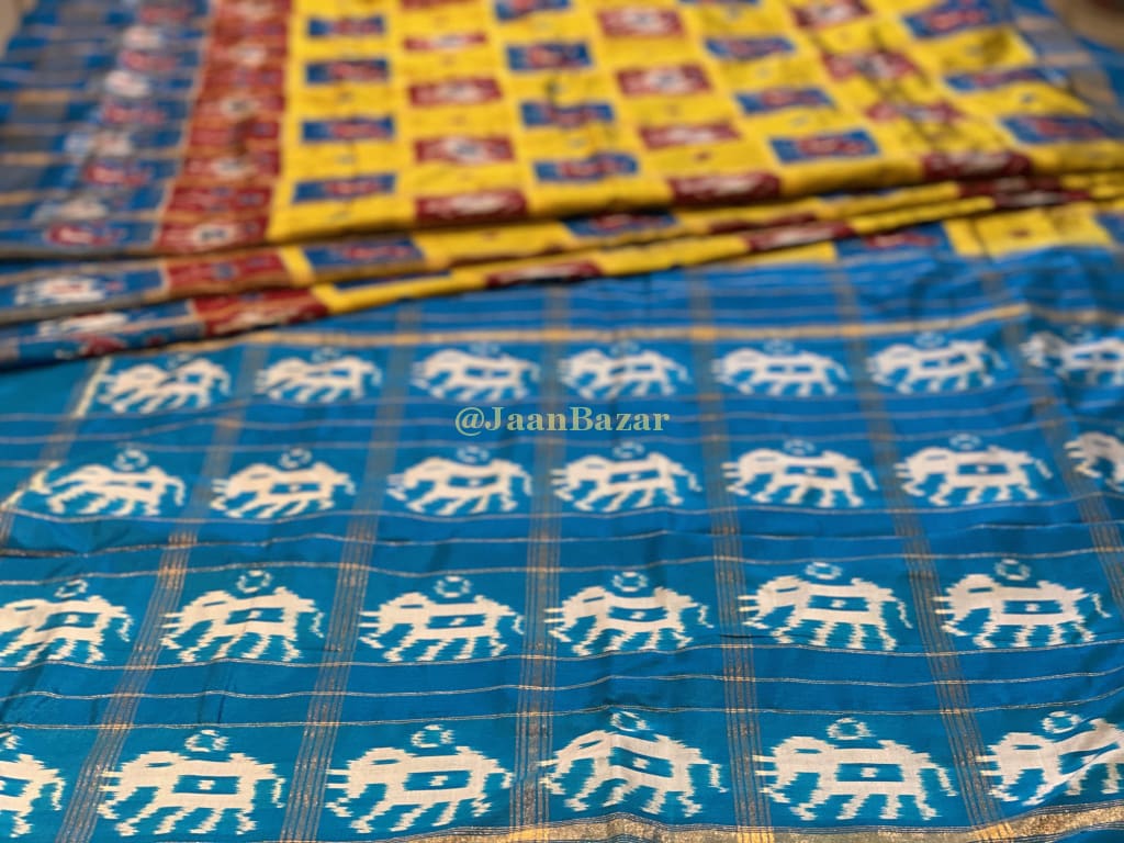 Yellow Red Blue Pochampally Silk Saree
